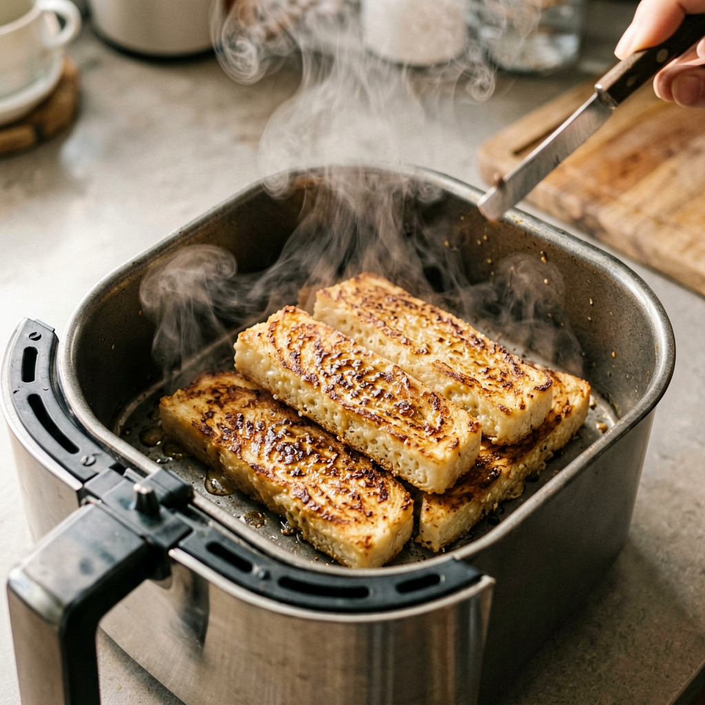 Cooking process shot, Air Fryer Everything Bagel French Toast Sticks in air fryer basket, steam rising, professional action photography