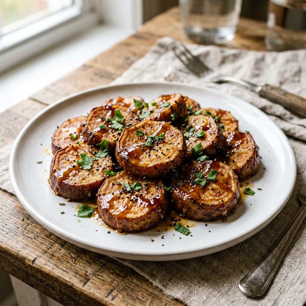 Finished Air Fryer Maple-Chili Glazed Sweet Potato Hash Browns beautifully plated, professional food photography, natural lighting