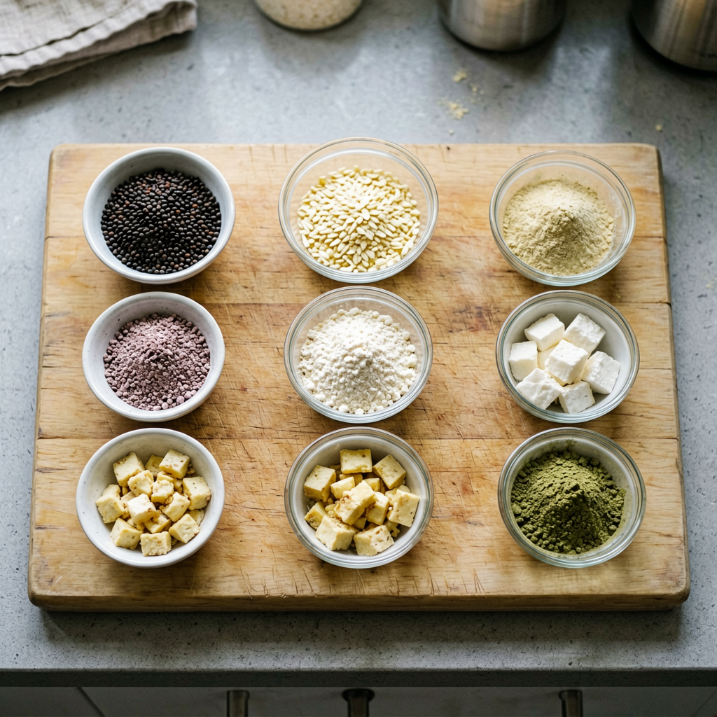 Ingredients prepped and organized on cutting board, mise en place, professional kitchen setup
