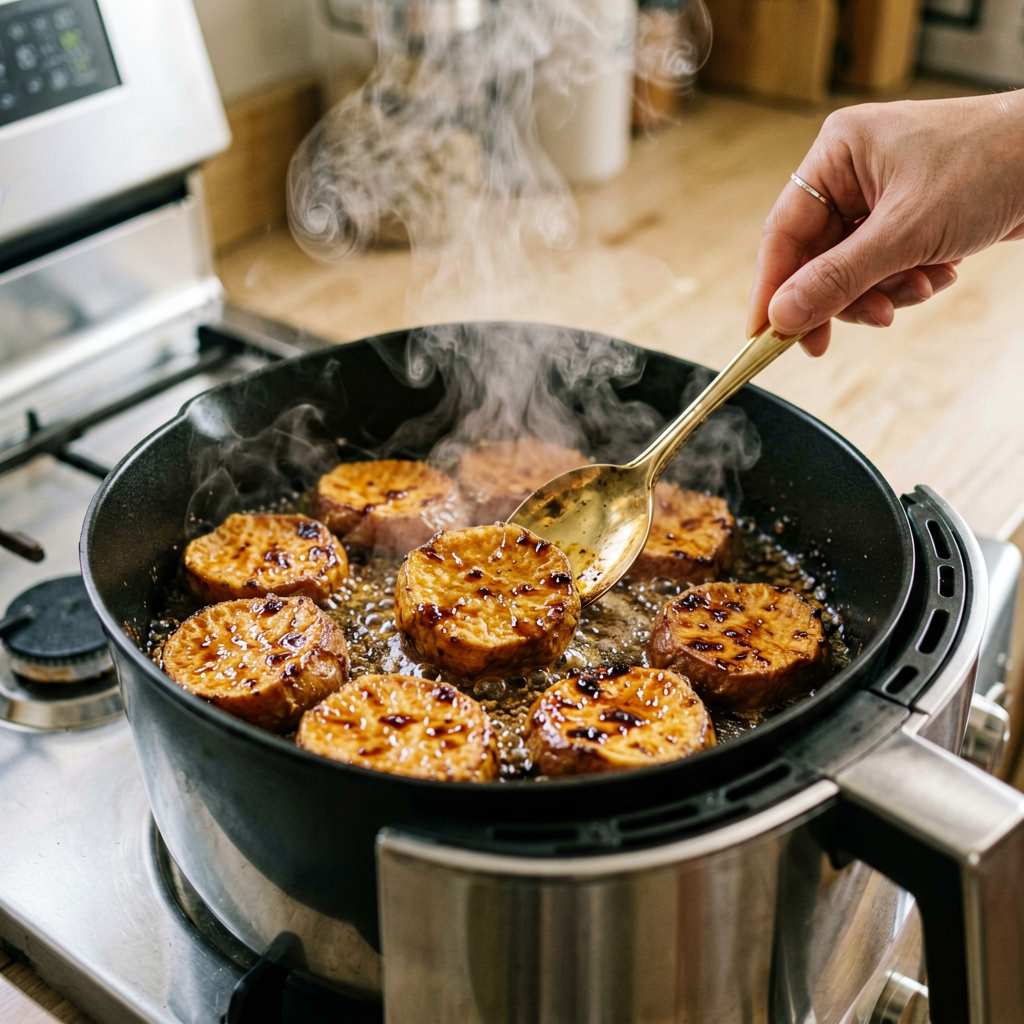 Cooking process shot, Air Fryer Maple-Chili Glazed Sweet Potato Hash Browns in pan, steam rising, professional action photography