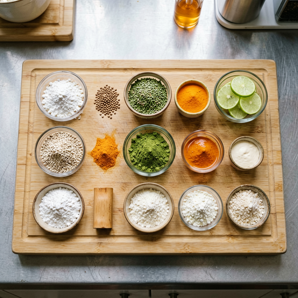 Ingredients prepped and organized on cutting board, mise en place, professional kitchen setup