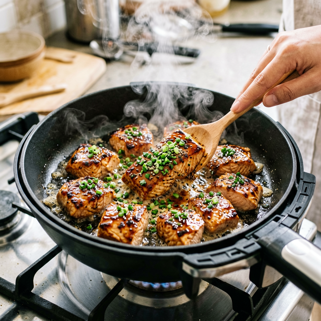 Cooking process shot, Air Fryer Miso-Glazed Salmon Bites with Sesame Ginger Finish in pan, steam rising, professional action photography