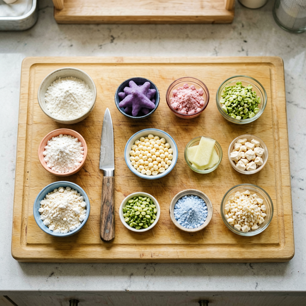 Ingredients prepped and organized on cutting board, mise en place, professional kitchen setup