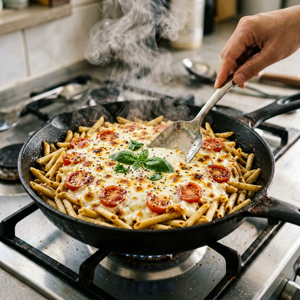 Cooking process shot, Baked Feta Pasta with Sun-Dried Tomatoes & Basil Meal Prep in pan, steam rising, professional action photography