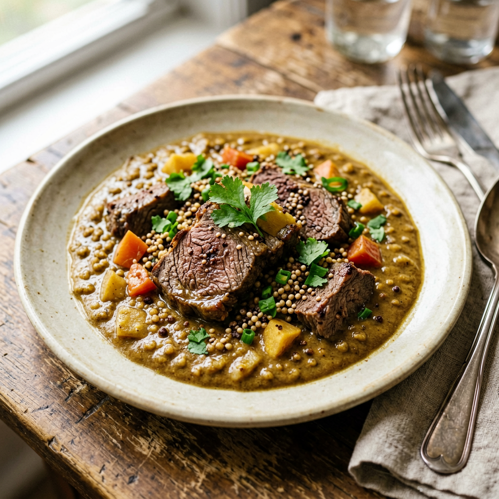 Finished Beef and Quinoa Curry (Mexican) beautifully plated, professional food photography, natural lighting