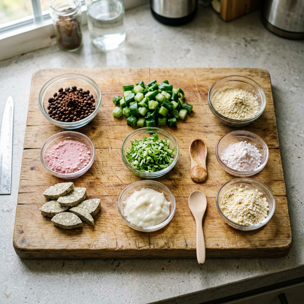 Ingredients prepped and organized on cutting board, mise en place, professional kitchen setup