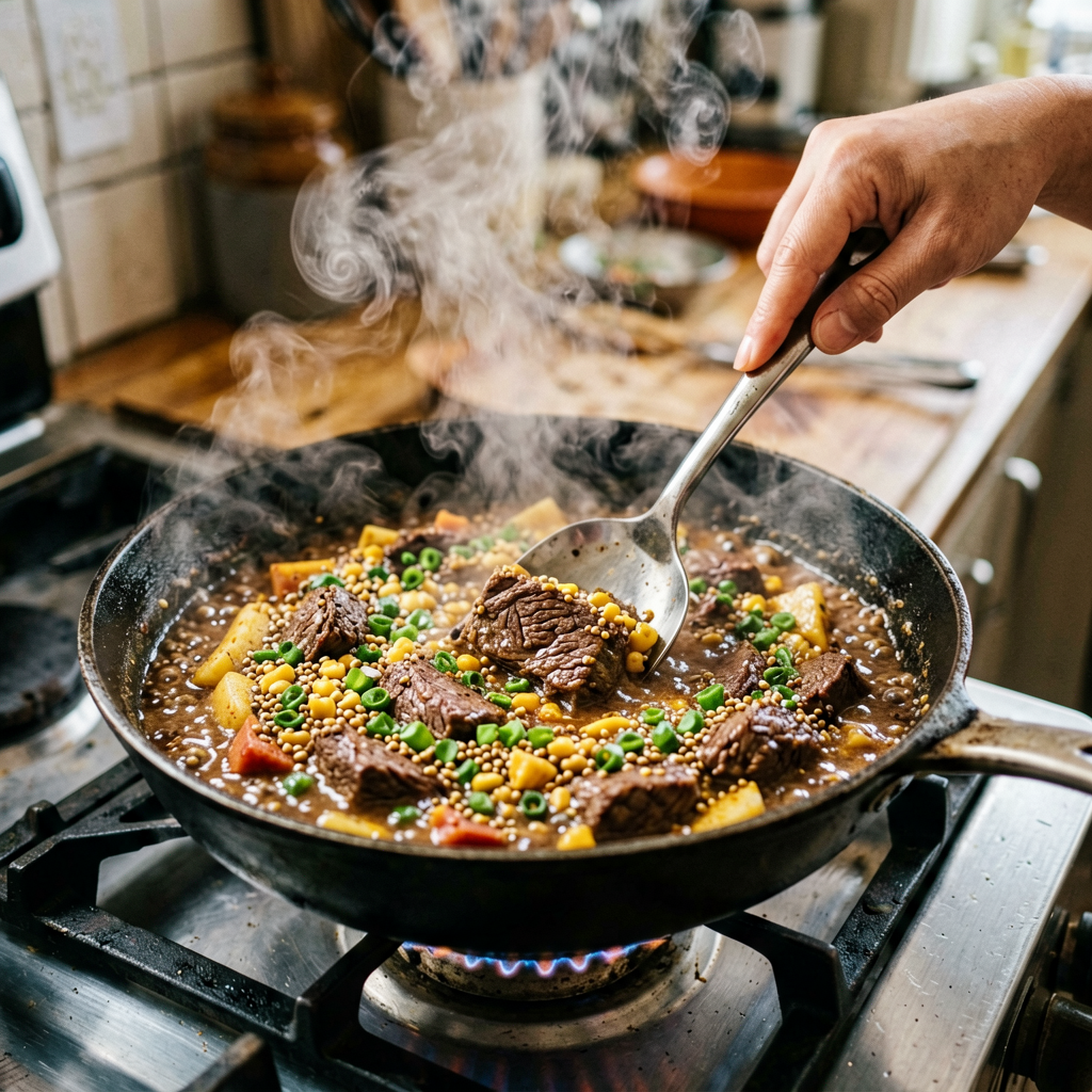 Cooking process shot, Beef and Quinoa Curry (Mexican) in pan, steam rising, professional action photography