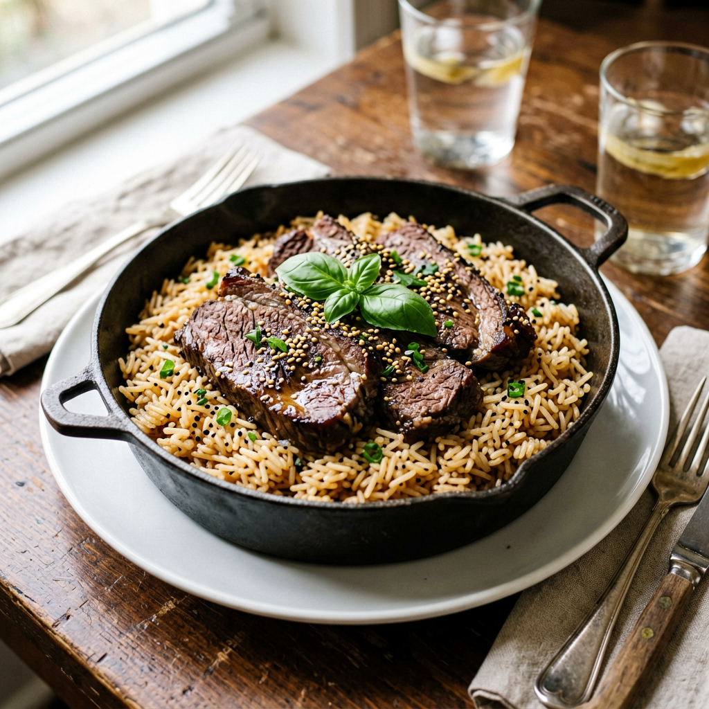 Finished Beef and Rice Skillet (Mexican) beautifully plated, professional food photography, natural lighting