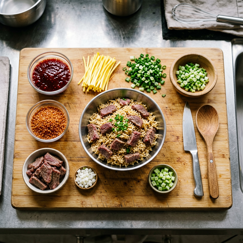 Ingredients prepped and organized on cutting board, mise en place, professional kitchen setup