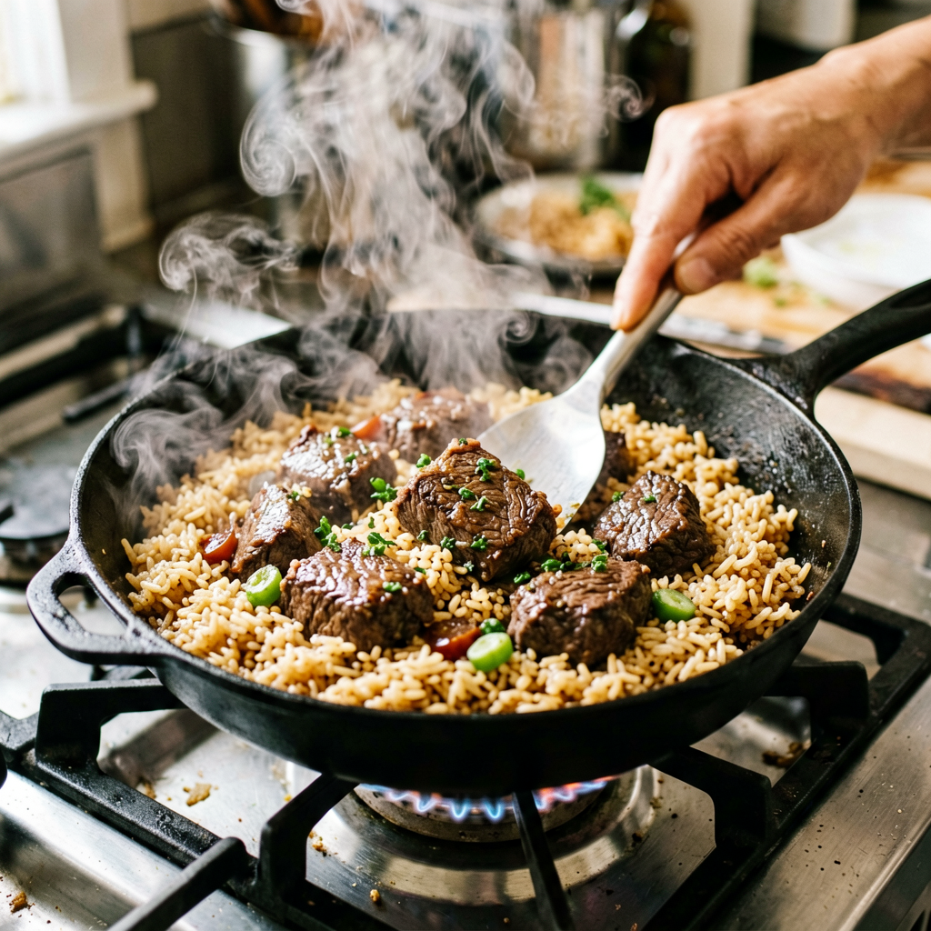 Cooking process shot, Beef and Rice Skillet (Mexican) in pan, steam rising, professional action photography