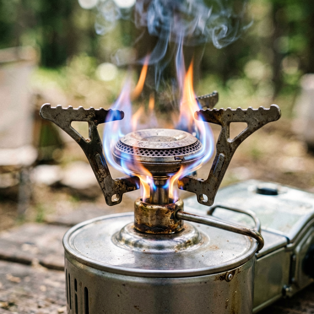 Close up detail shot of camping stove in use, shallow depth of field, realistic product photography