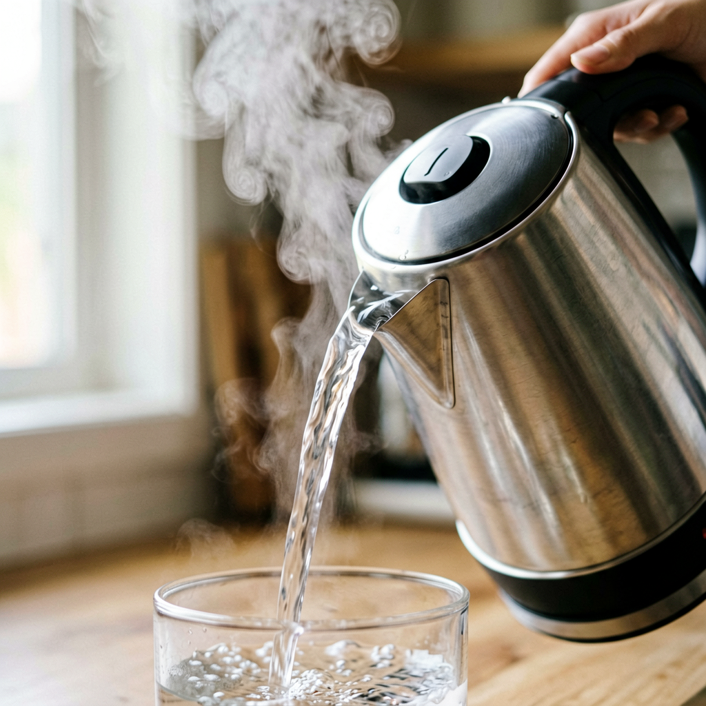 Close up detail shot of electric kettle pouring water, steam rising, shallow depth of field, realistic product photography