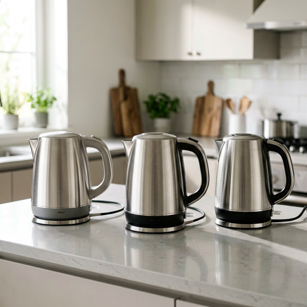 Multiple electric kettles arranged on kitchen counter, comparison style product photography, clean modern kitchen background
