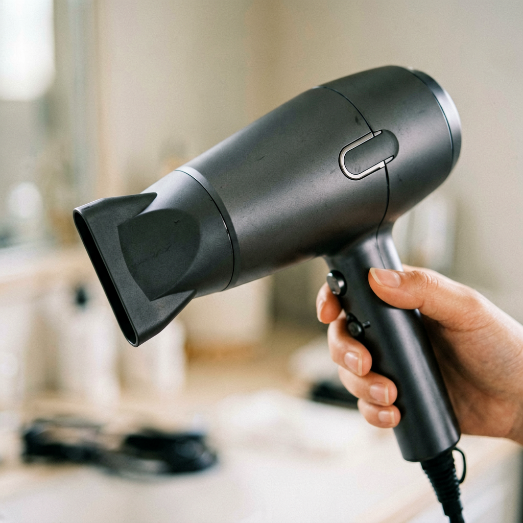 Close up detail shot of hair dryer in use, shallow depth of field, realistic product photography