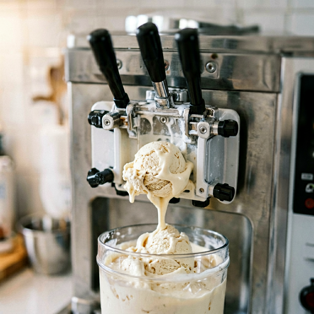 Close up detail shot of ice cream maker in use, shallow depth of field, realistic product photography