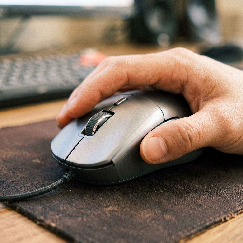 Close up detail shot of mouse in use, shallow depth of field, realistic product photography