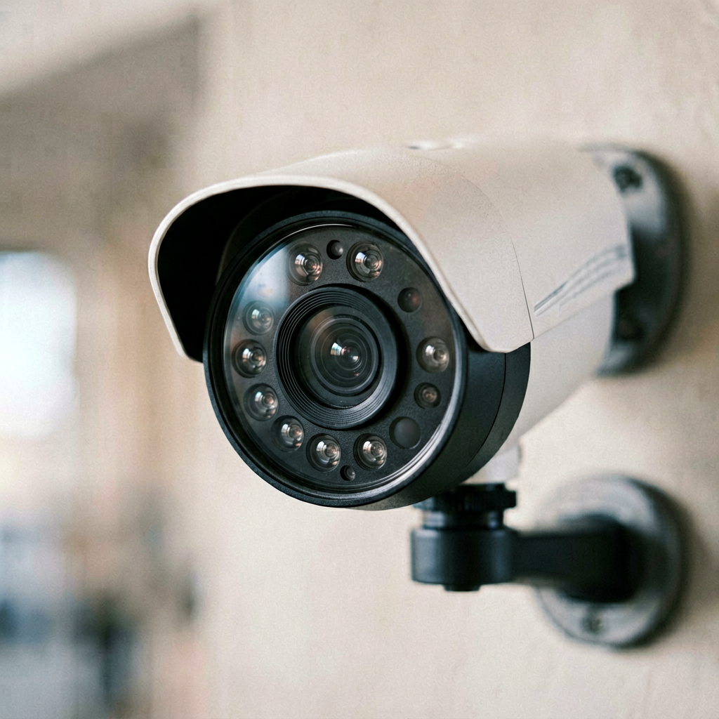 Close up detail shot of security camera in use, shallow depth of field, realistic product photography