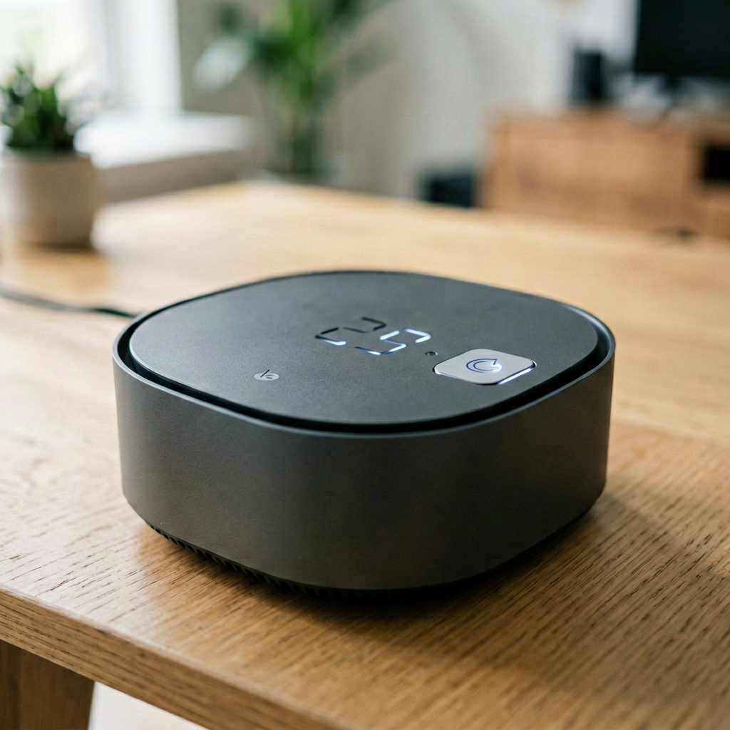 Close up detail shot of best smart home hub 2 in use, shallow depth of field, realistic product photography