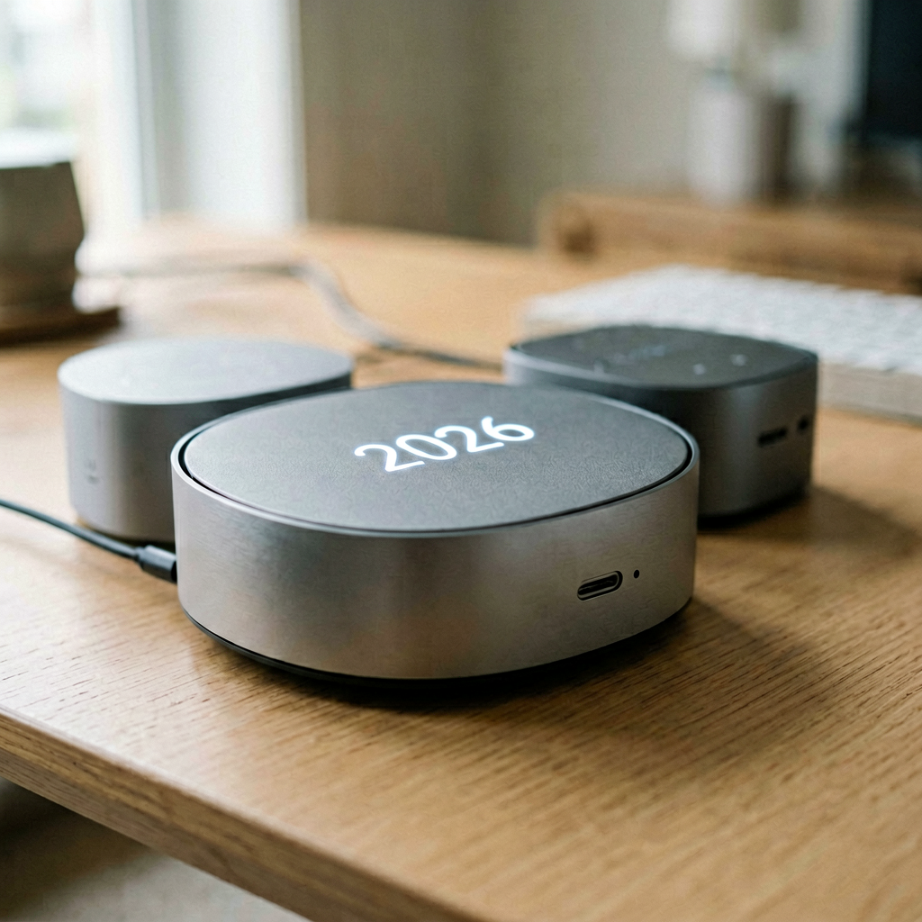 Close up detail shot of smart home hubs 2026 in use, shallow depth of field, realistic product photography