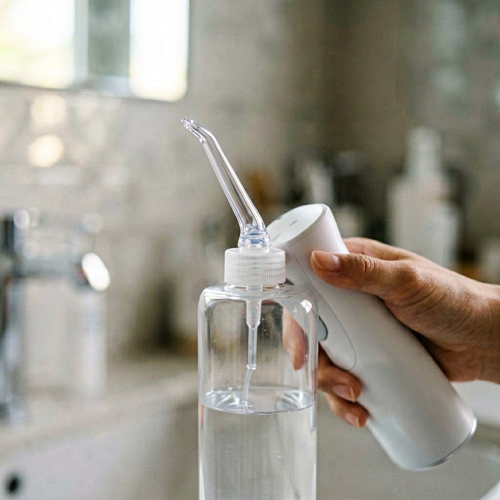 Close up detail shot of water flosser in use, shallow depth of field, realistic product photography