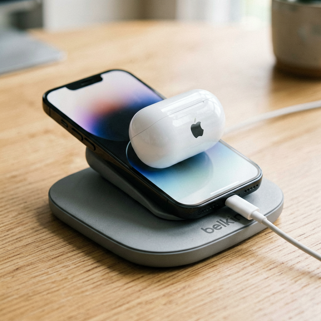 Close up detail shot of the Belkin BoostCharge Pro dock in use, with an iPhone and AirPods case charging, shallow depth of field, realistic product photography