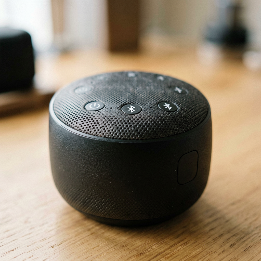 Close up detail shot of bluetooth speaker in use, shallow depth of field, realistic product photography