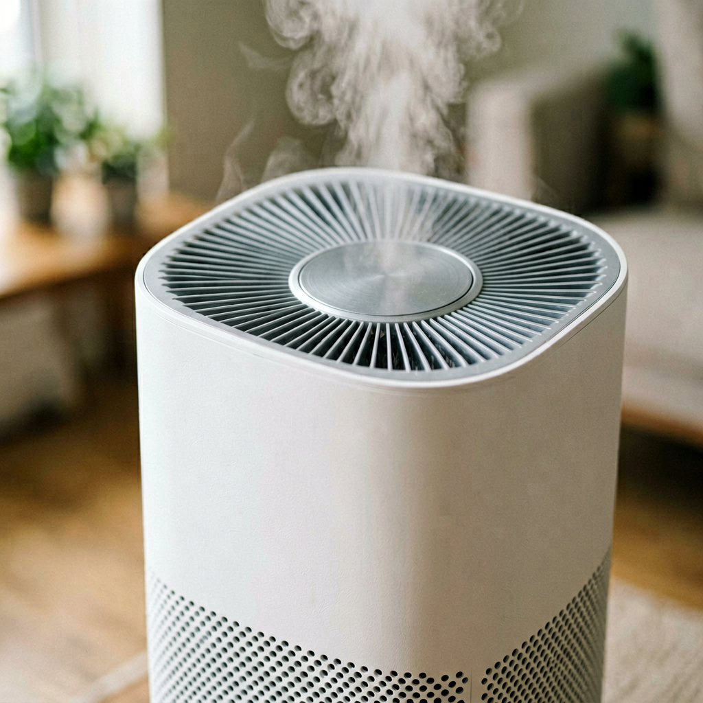 Close up detail shot of air purifier in use, shallow depth of field, realistic product photography