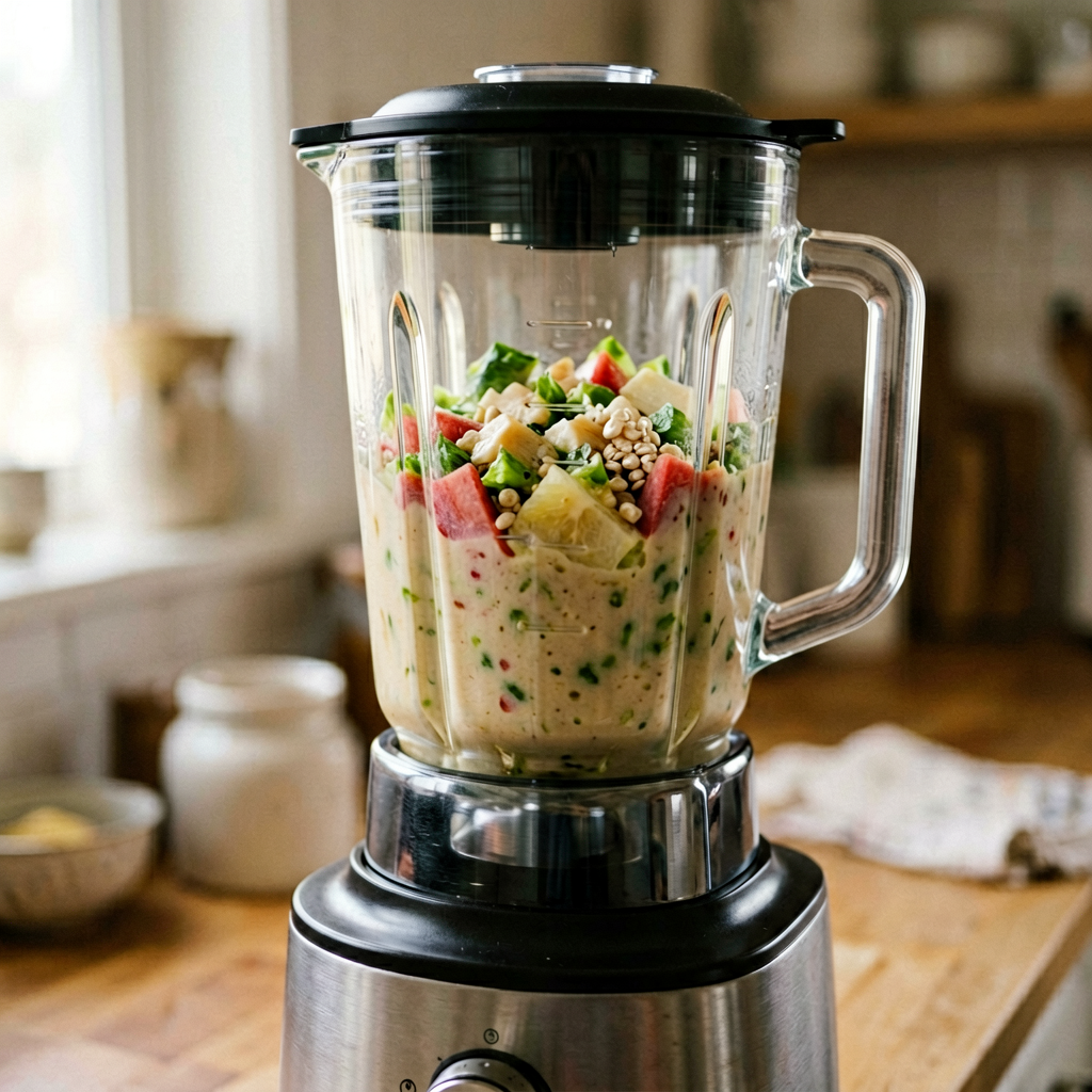 Close up detail shot of blender in use, shallow depth of field, realistic product photography