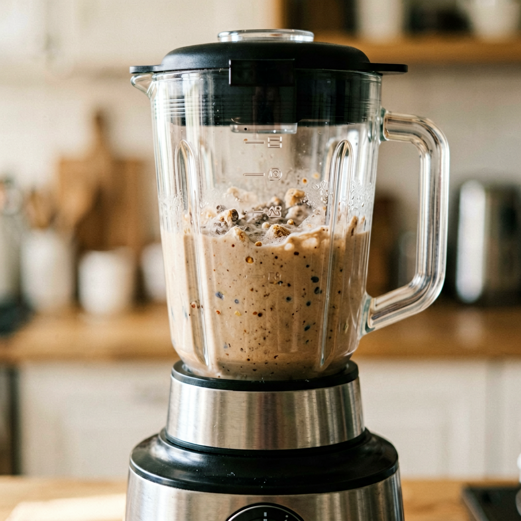 Close up detail shot of blender in use, shallow depth of field, realistic product photography