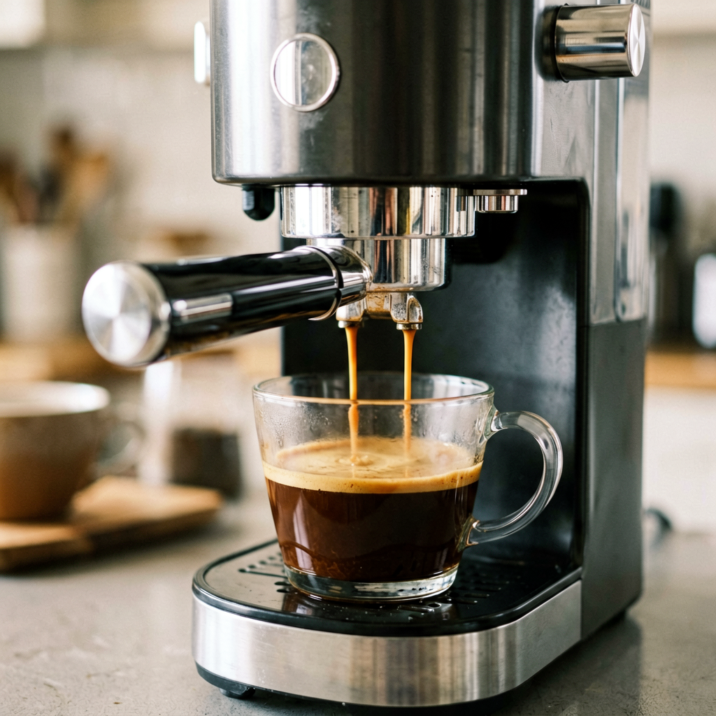 Close up detail shot of coffee maker in use, shallow depth of field, realistic product photography