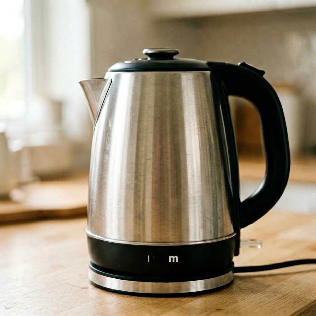 Close up detail shot of electric kettle in use, shallow depth of field, realistic product photography