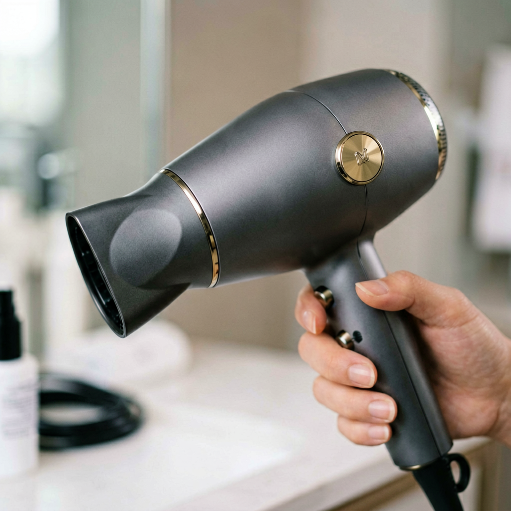 Close up detail shot of hair dryer in use, shallow depth of field, realistic product photography