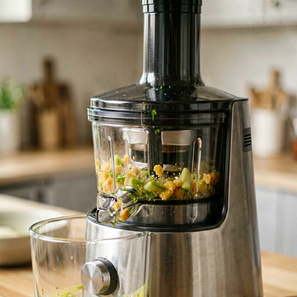 Close up detail shot of juicer in use, shallow depth of field, realistic product photography