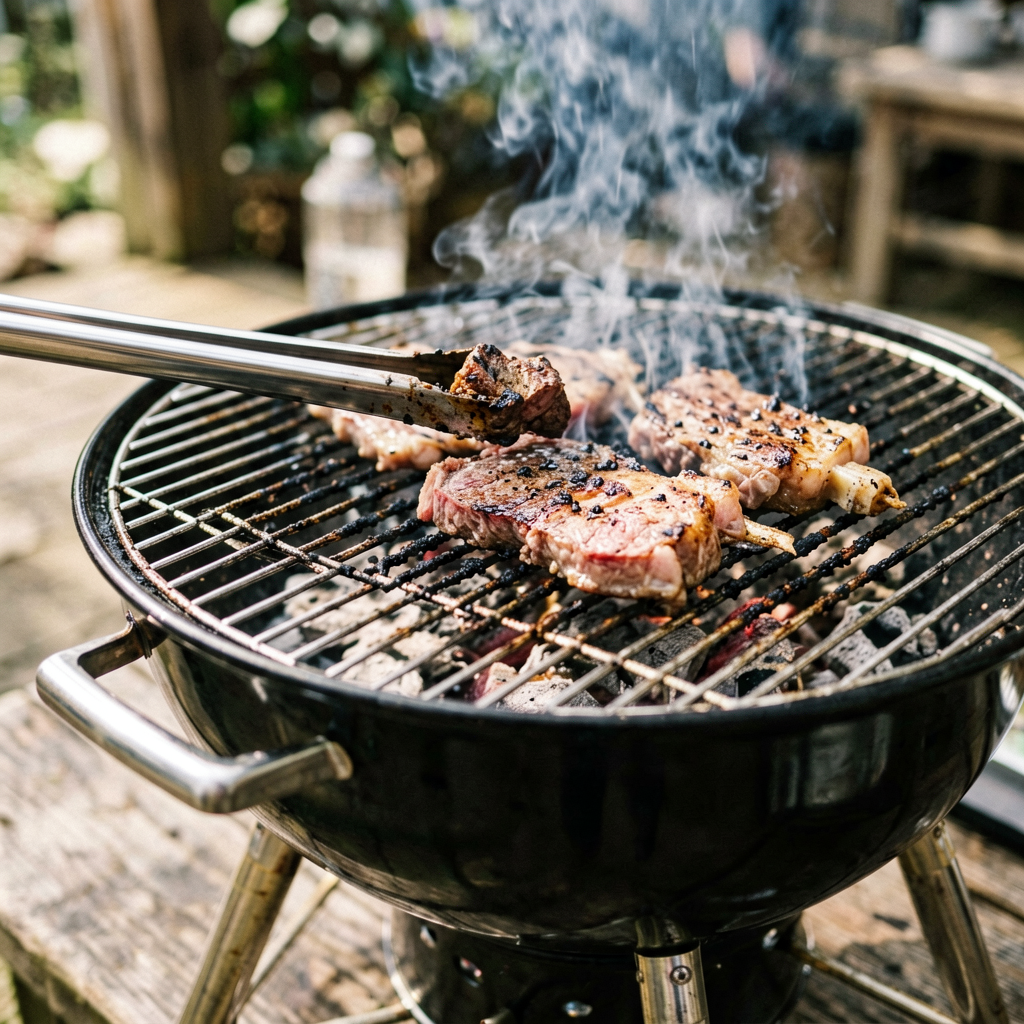 Close up detail shot of portable grill in use, shallow depth of field, realistic product photography