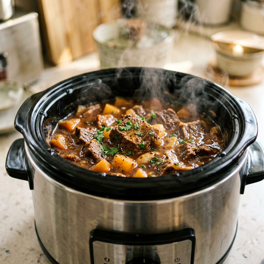 Close up detail shot of slow cooker in use, shallow depth of field, realistic product photography