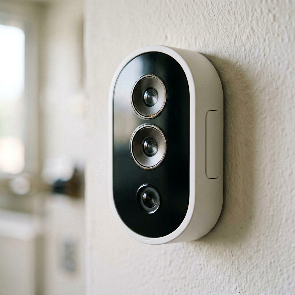 Close up detail shot of smart doorbell in use, shallow depth of field, realistic product photography