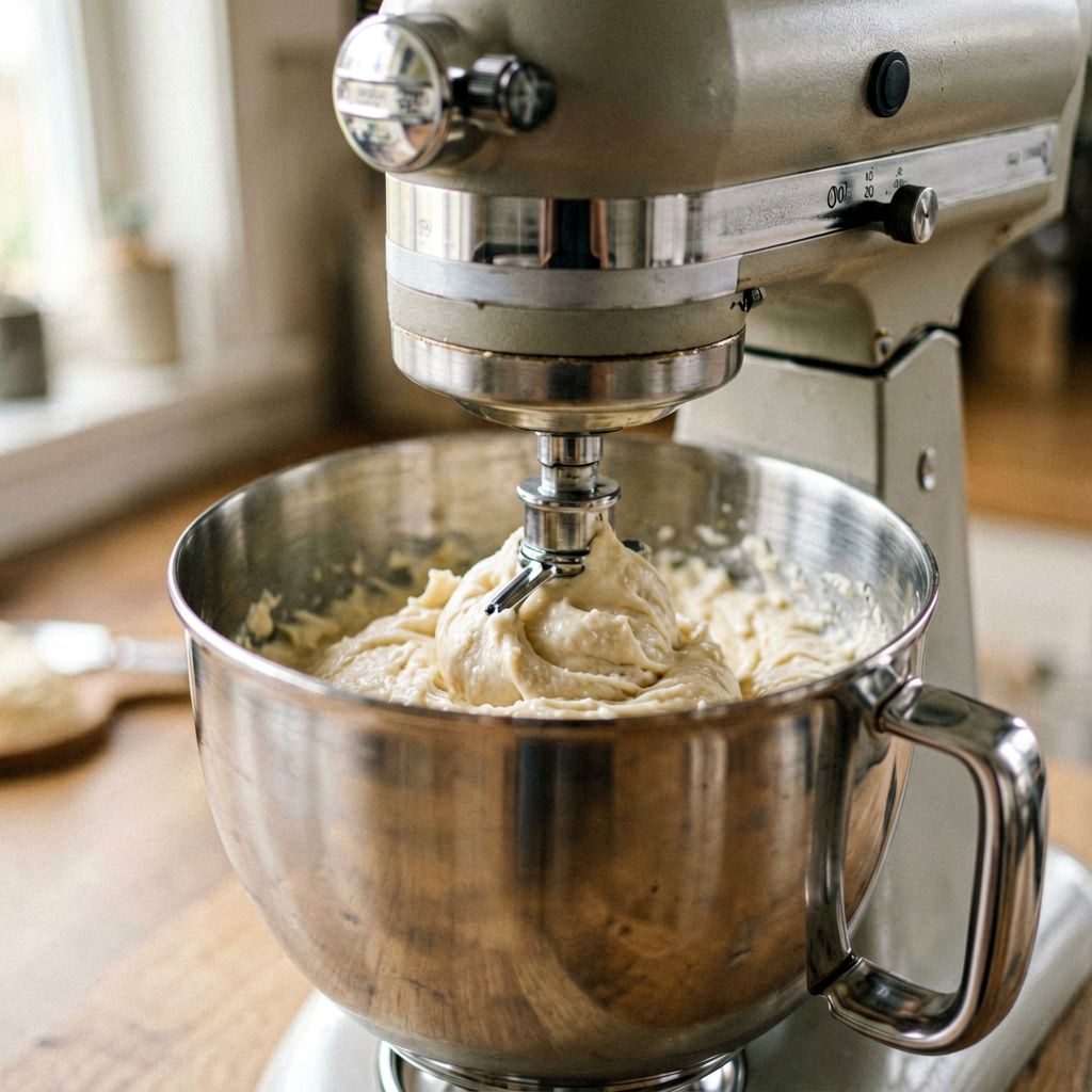 Close up detail shot of stand mixer in use, shallow depth of field, realistic product photography