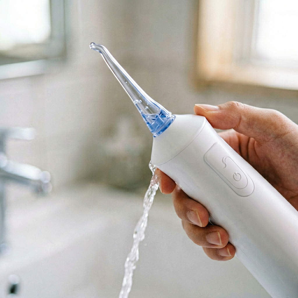 Close up detail shot of water flosser in use, shallow depth of field, realistic product photography
