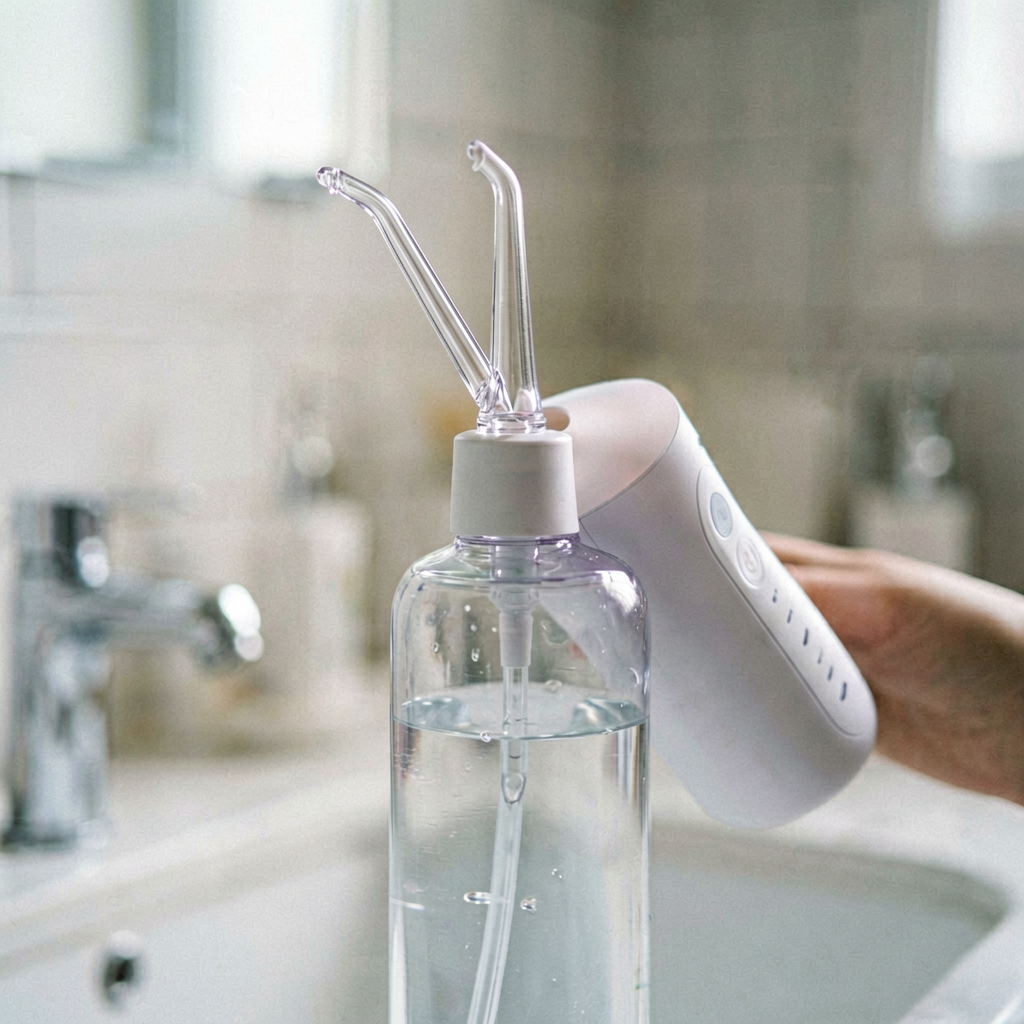 Close up detail shot of water flosser in use, shallow depth of field, realistic product photography