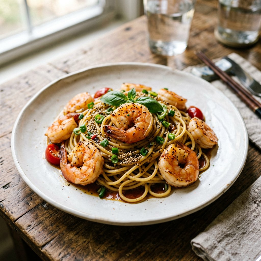 Busy Weeknights Asian Shrimp Pasta