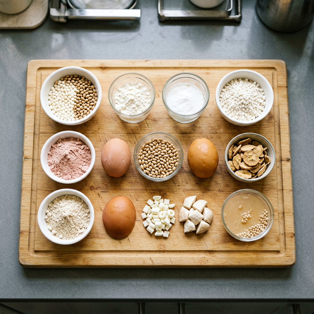 Ingredients prepped and organized on cutting board, mise en place, professional kitchen setup