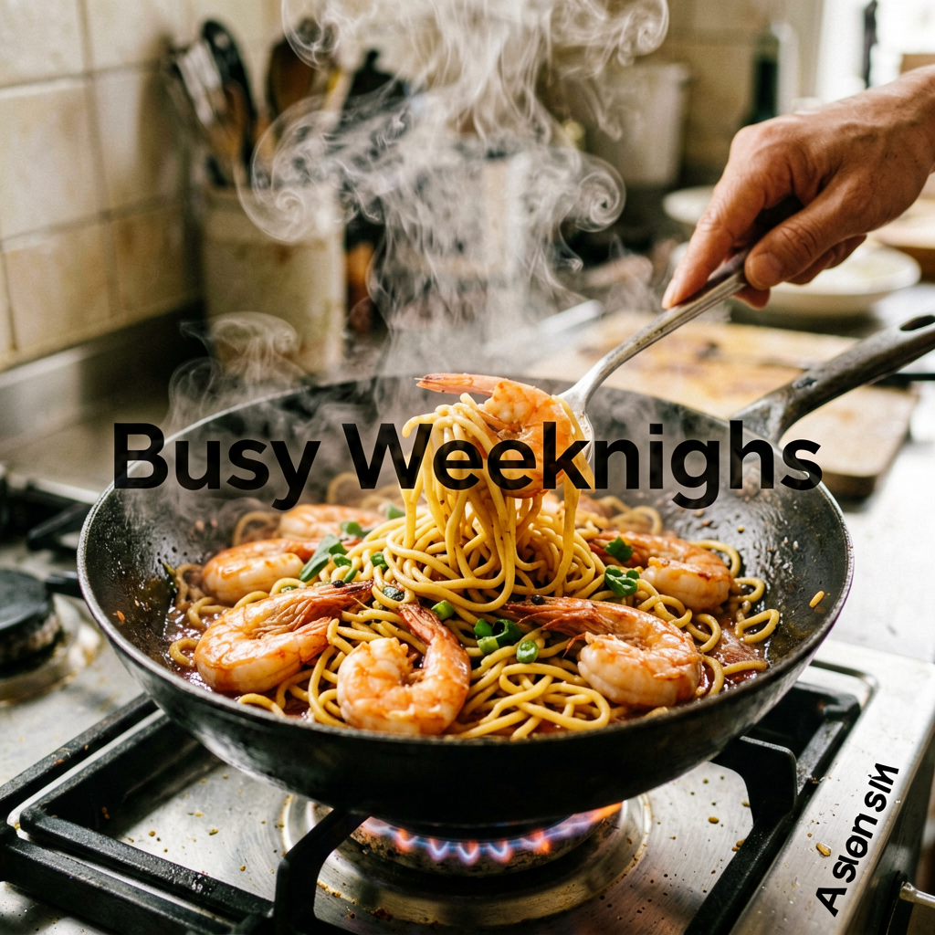 Cooking process shot, Busy Weeknights Asian Shrimp Pasta in pan, steam rising, professional action photography