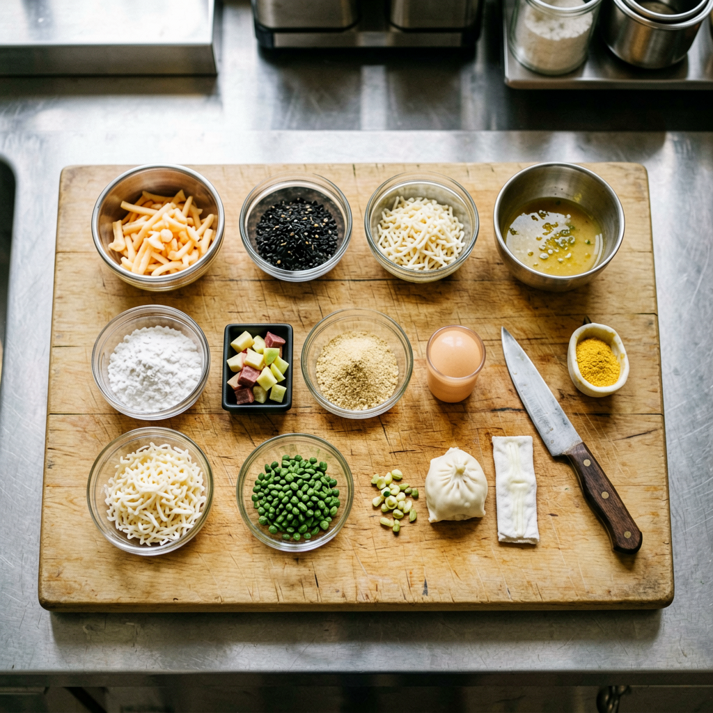 Ingredients prepped and organized on cutting board, mise en place, professional kitchen setup