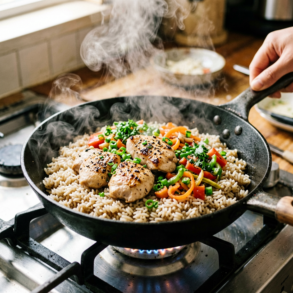 Cooking process shot, Chicken and Rice Bowl (Mexican) in pan, steam rising, professional action photography