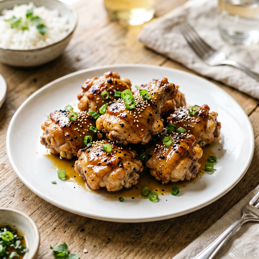 Finished Crispy Air-Fried Honey-Garlic Glazed Chicken Thighs beautifully plated, professional food photography, natural lighting
