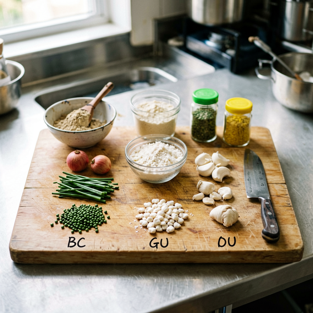 Ingredients prepped and organized on cutting board, mise en place, professional kitchen setup