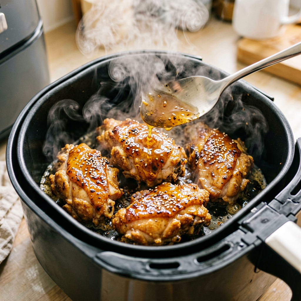 Cooking process shot, Crispy Air-Fried Honey-Garlic Glazed Chicken Thighs in air fryer basket, steam rising, professional action photography