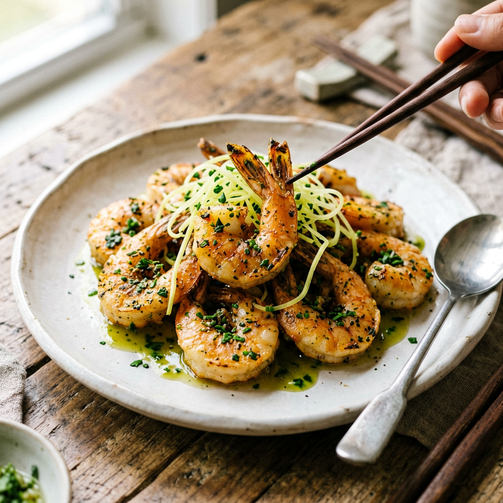 Crispy Air-Fried Miso-Lime Shrimp with Ginger-Sesame Slaw