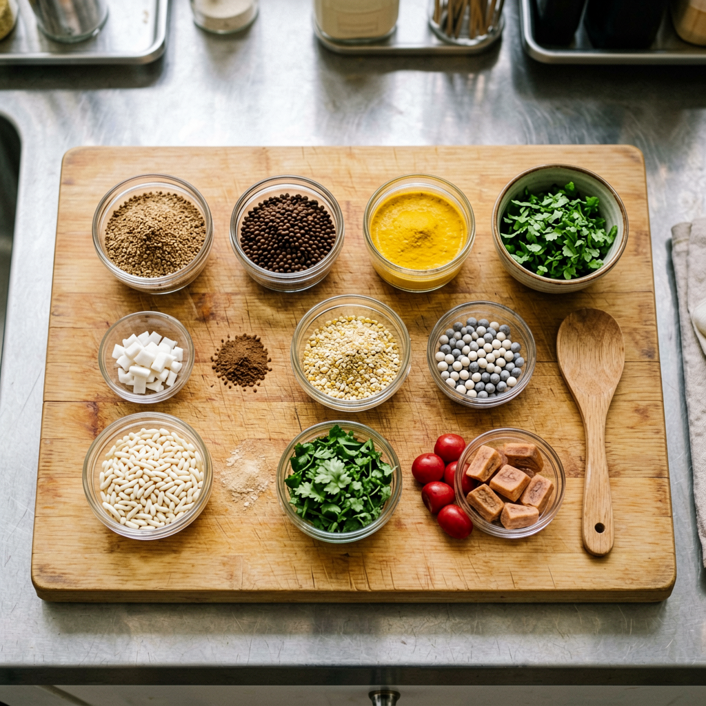 Ingredients prepped and organized on cutting board, mise en place, professional kitchen setup