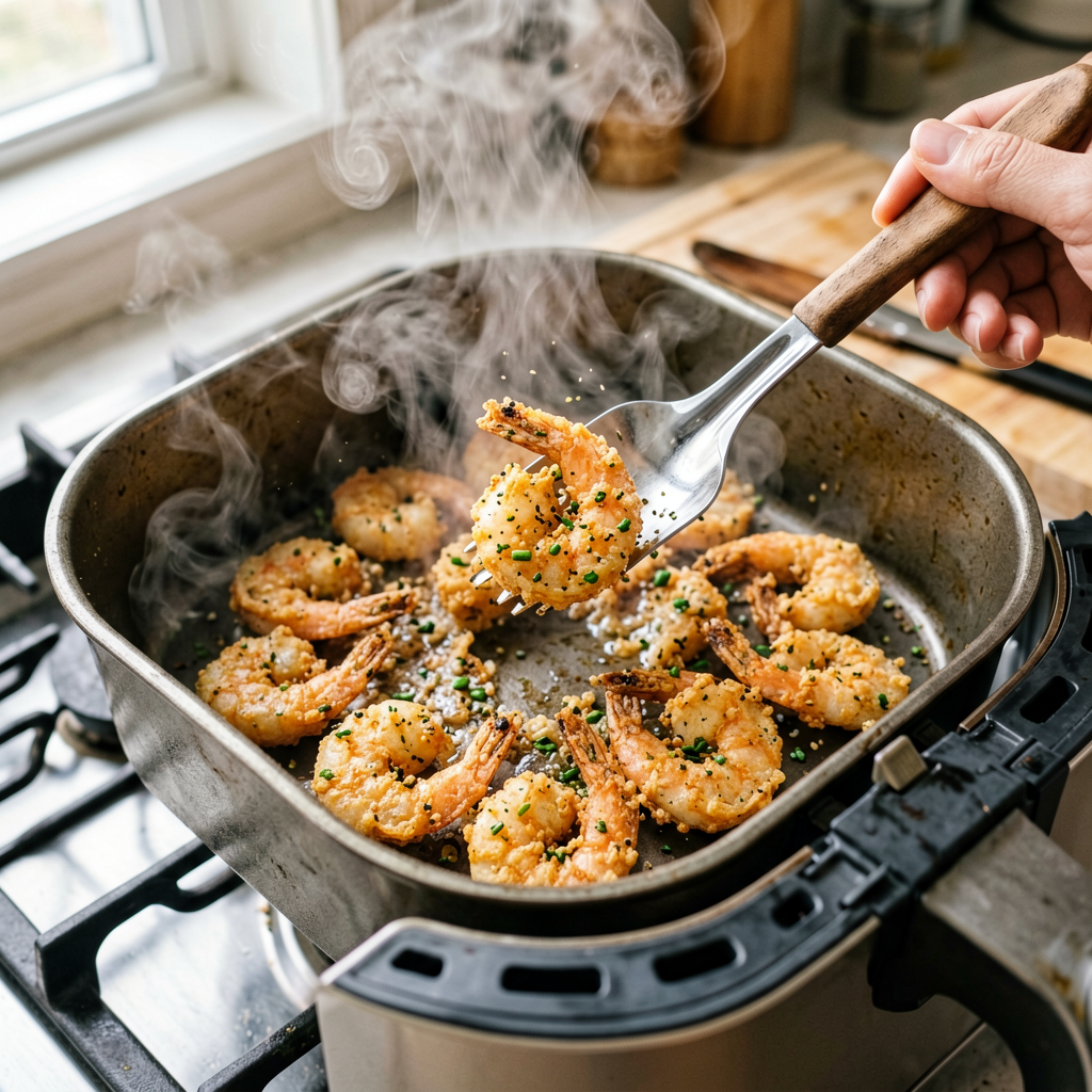 Cooking process shot, Crispy Air-Fried Miso-Lime Shrimp in air fryer basket, steam rising, professional action photography